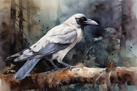 Watercolor painting of a white raven in forest