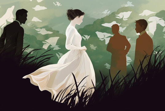 Young girl and silhouettes of 3 men on plants background