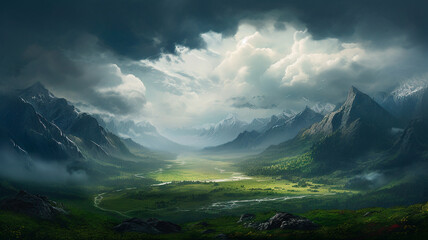 fantasy mountain landscape, fantasy illustration. Generative AI