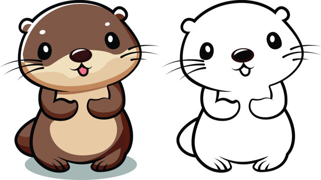Cute otter vector illustration otter mascot character colored and black and white line drawing vector image