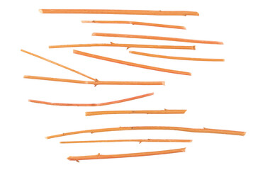 Set dry yellow branches, twigs isolated on white, top view, clipping path 