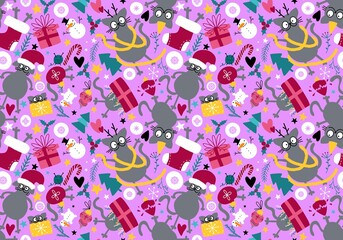 Christmas animals seamless cats and gift box and tree and toys pattern for wrapping paper and fabrics