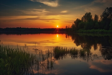 Sunset over a tranquil lake on a summer evening