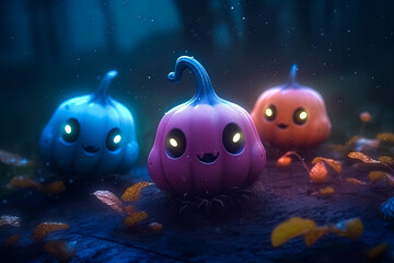 cartoon illustration of nice Halloween pumpkins with cute faces. Halloween concept