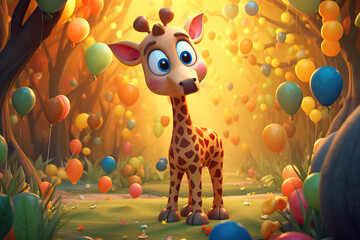 Cute cartoon animal giraffe character in forest, surronded with air balloons. Birthday concept