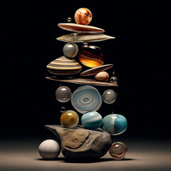 Stones in perfect balance. Balance and harmony. Rock zen pyramid of pebbles, glass and precious stones on isolated black background. Concept of Life balance, harmony and meditation.