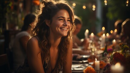 brunette latina woman, enjoying the company of her friends smiling, happy, with sunlight behind her mexico latin america - obrazy, fototapety, plakaty