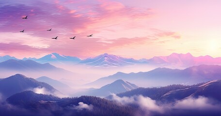 birds flying over a mountains during the sunset Generative AI