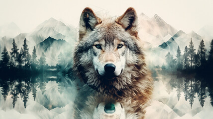 wolf in a mountain forest, digital illustration. generative AI
