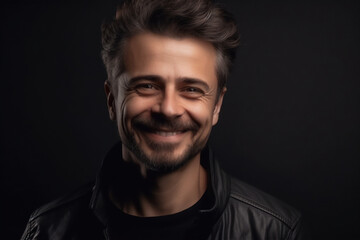 Caucasian young adult man smiling on a black background
