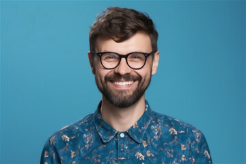 Obraz premium Caucasian young adult man smiling on a blue background
