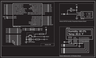 Vector electronic circuit for measuring humidity and 
temperature with 
using a sensor chip connected to the 
arduino board.  Measurement results are displayed on the screen of alphanumeric display.