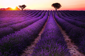 Sunrise over blooming fields of lavender. Lavender purple field with beautiful sunset. Provence,  France. - 631306679