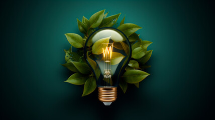 green energy concept, green leaves, bulb and electric lamp. Generative AI