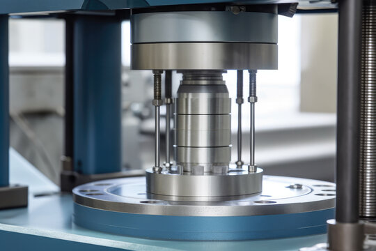 Detailed close-up of a material testing machine showing a sample being compressed under immense pressure
