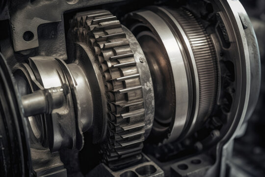 An air compressor piston in close-up detail with metallic textures and complex mechanical components