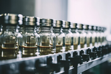 Extremely close-up shot of a capping machine head tightening caps on glass jars in a food processing facility against a colorful industrial backdrop