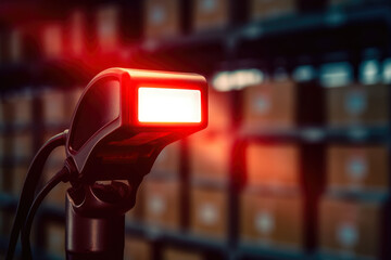 Extremely close-up of a barcode scanner in a futuristic factory lighting up a QR code on a shiny metallic surface with a red light beam