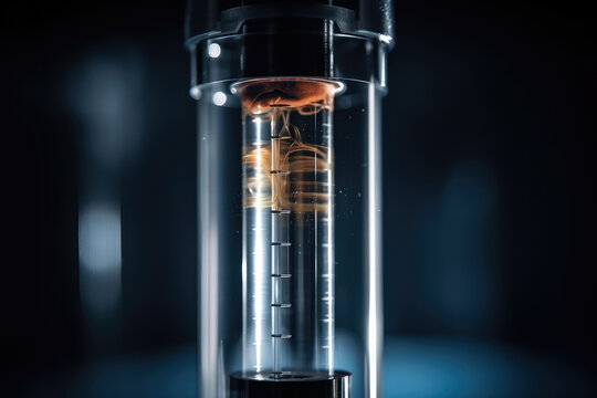 Extremely close-up of a transparent liquid in a centrifuge tube demonstrates the subtle changes in the liquid's density brought on by the centrifugal force