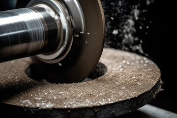 extreme close-up of a grinding wheel creating a sharp edge on a metal part - obrazy, fototapety, plakaty