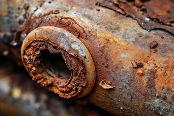 Extremely close-up of a rusty conduit that shows the ravages of time and weathering while also displaying intricate details and texture