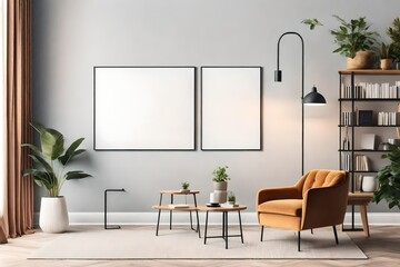 Stylish and vintage interior design of living room with retro furnitures and elegant personal accessories. Mock up poster frame.