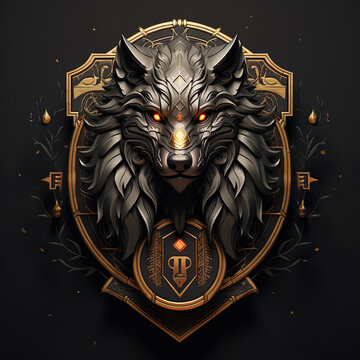 Epic High Fantasy Norse mythology Viking Wolf Head logo coat of arms emblem