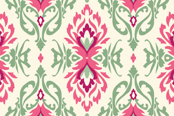 Ikat pattern in pink and green ethnic pattern. Traditional folk antique ornate elegant luxury background. Print design for fabric texture textile wallpaper background backdrop.