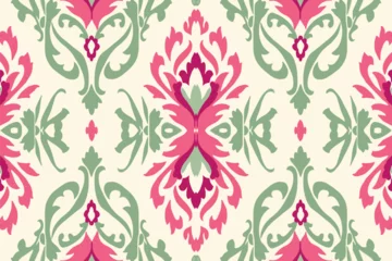 Muurstickers Boho Ikat pattern in pink and green ethnic pattern. Traditional folk antique ornate elegant luxury background. Print design for fabric texture textile wallpaper background backdrop.