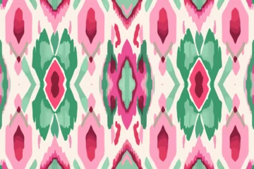 Deurstickers Boho Ikat pattern in pink and green ethnic pattern. Traditional folk antique ornate elegant luxury background. Print design for fabric texture textile wallpaper background backdrop.