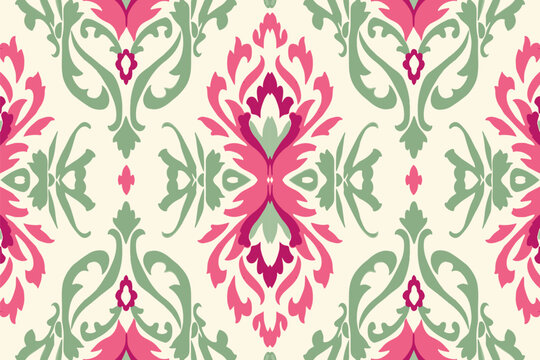 Ikat pattern in pink and green ethnic pattern. Traditional folk antique ornate elegant luxury background. Print design for fabric texture textile wallpaper background backdrop.