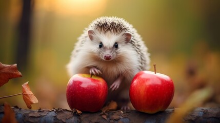 Fototapeta na wymiar Cute hedgehog in forest with apple