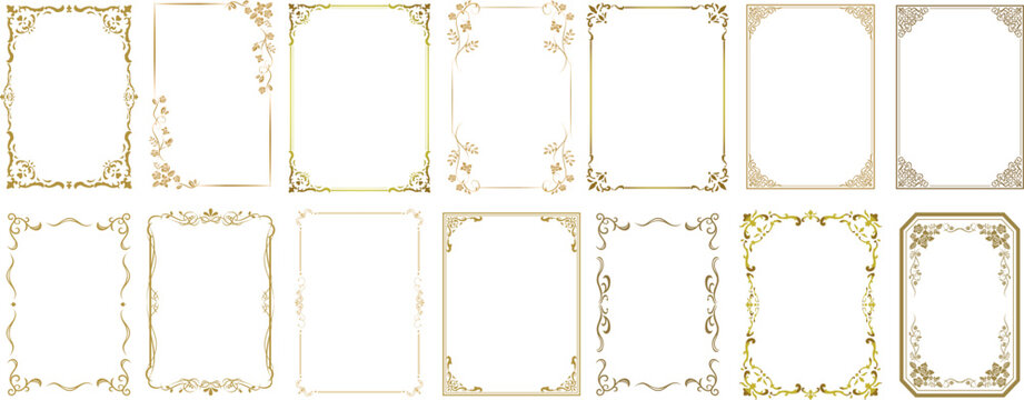 Set Of Decorative Vintage Frames And Borders Set. Gold Photo Frame Floral For Picture, Vector Design Decoration. Border Design