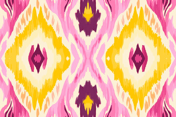 Fototapeta na wymiar Ikat pattern in pink and yellow ethnic pattern. Traditional folk antique ornate elegant luxury background. Print design for fabric texture textile wallpaper background backdrop.