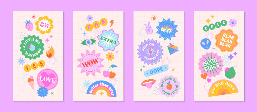 Vector Insta Story Templates With Patches And Stickers In 90s Style.Smm Banners In Y2k Aesthetic With Chess Backgrounds.Funky Designs For Social Media Marketing,branding,packaging