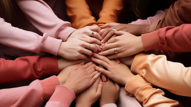 overlapping hands as a sign of support and union between women, health issues such as breast cancer, mexico latin america