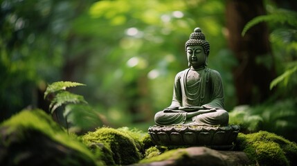 Buddha in a green mystical background - obrazy, fototapety, plakaty