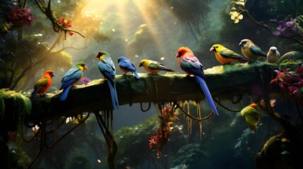 A forest filled with colorful and exotic birds