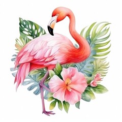 Cute watercolor flamingo with tropical flowers isolated