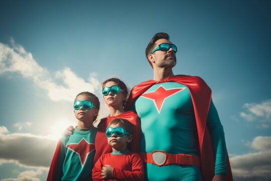 Dad with sons and daughter in superhero costume