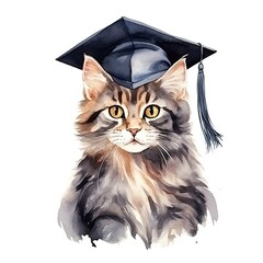 Cute watercolor cat in graduarion cap isolated