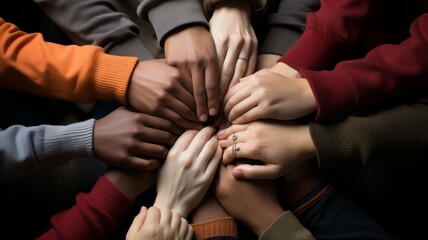 hands together of people of all races, white, black and mixed race. Support between people, equality of races
