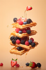 Food levitation. Floating waffles and berries - obrazy, fototapety, plakaty