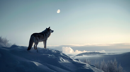 A solitary wolf standing on a snowy hill, howling at the full moon in the clear sky above - Generative AI