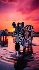 Fototapeta na wymiar Zebras at a Watering Hole During a Sunset - AI Generated