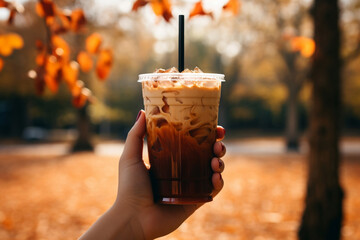 hand holding pumpkin cream cold brew latte in the park autumn fall starbucks drink - obrazy, fototapety, plakaty