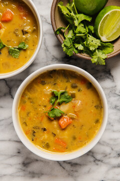 Savory vegetable soup with lime and cilantro