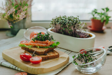 Sandwich with whole wheat bread, salmon fish, radish sprouts microgreen