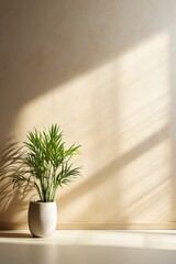 Beautiful house plant in the pot on wooden floor set beside the wall with sunbeam and shadow on biege  empty wall. Vertical background, mockup backdrop. Green houseplant decoration. Products overlay