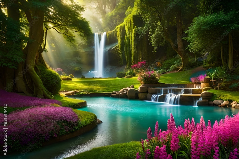 Poster a charming park square with an attractive artificial waterfall - ai generative